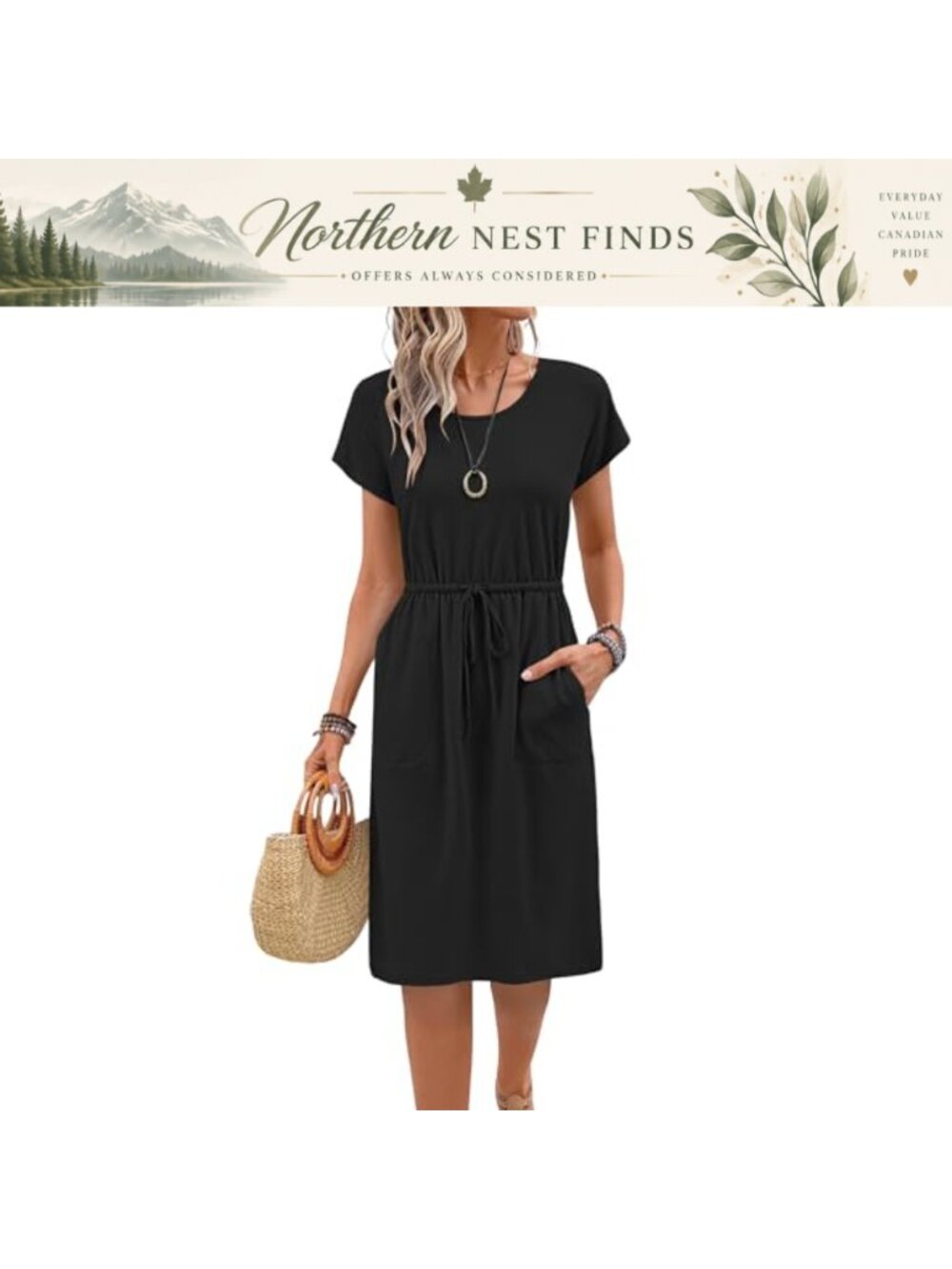 Women's Summer Midi Dress Short Sleeve Crew Neck A-Line Casual Sundress